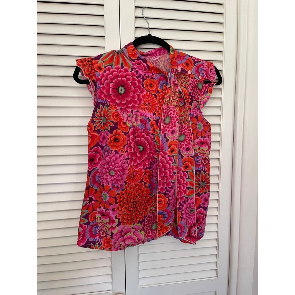 Vintage-Style Boho Maximalist Floral Tie-Neck Blouse, Ruffle Sleeve Top, Sz M - Picture 3 of 4